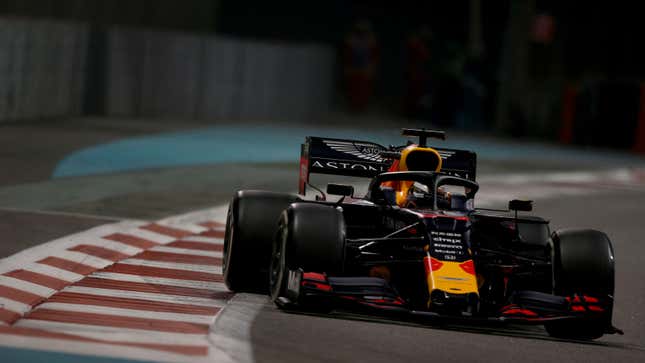 Max Verstappen drives his Red Bull F1 car in Abu Dhabi in 2019. 