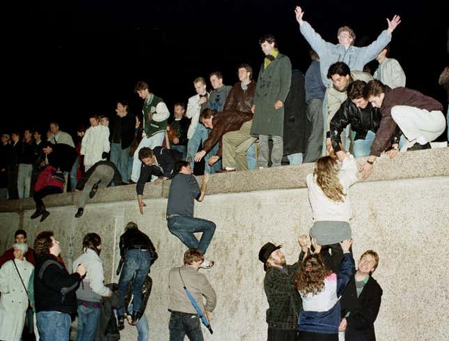 East Germans celebrate the opening of the border, November 1989.