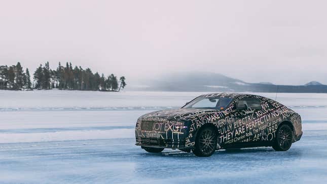 A photo of the Rolls Royce Spectre test mule parked on a frozen lake. 