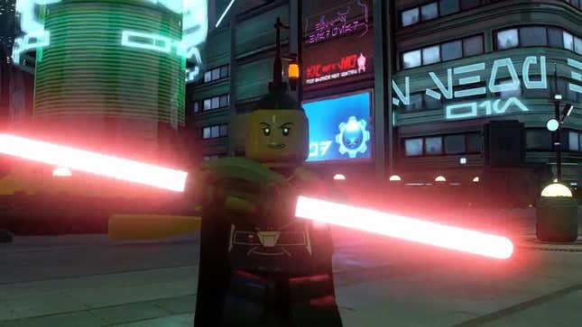 Reva poses with her dual-bladed lightsaber.