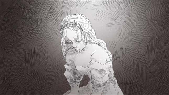 A princess is seen with a sad expression kneeling on the ground.