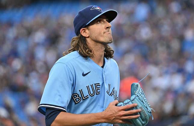 Aug 28, 2023; Toronto, Ontario, CAN;  Toronto Blue Jays starting pitcher Kevin Gausman (34) reacts after giving up a run to the Washington National in the first inning at Rogers Centre.