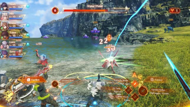 A chaotic battle screen shows Xenoblade 3's messy UI.