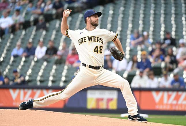 May 23, 2023; Milwaukee, Wisconsin, USA; Milwaukee Brewers starting pitcher Colin Rea (48) delivers a pitch against the Houston Astros in the first inning at American Family Field.