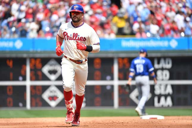 Aug 6, 2023; Philadelphia, Pennsylvania, USA; Philadelphia Phillies left fielder Kyle Schwarber (12) runs the bases after hitting a home run against the Kansas City Royals during the second inning at Citizens Bank Park.