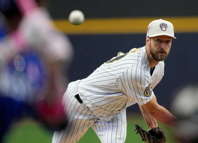 May 14, 2023; Milwaukee, Wisconsin, USA; Milwaukee Brewers starting pitcher Colin Rea (48) throws during the first inning of their game against the Kansas City Royals at American Family Field.