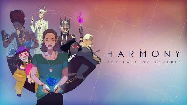 The cast of Harmony: The Fall of Reverie is seen against a blue and pink background.