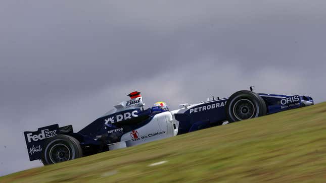 A photo of a blue and white Williams F1 car. 