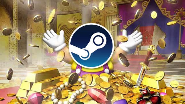 The Steam logo on a picture of Wario partying in a large pile of gold. 