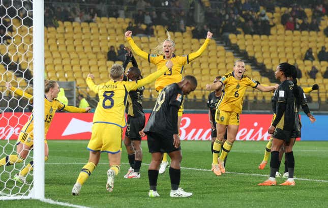 Amanda Ilestedt of Sweden celebrates after scoring her team’s second goal during the FIFA Women’s World Cup Australia &amp; New Zealand 2023 Group G match between Sweden and South Africa. 