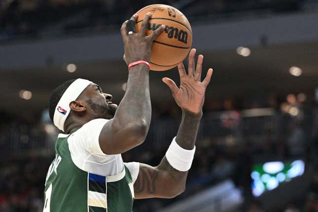 Apr 5, 2023; Milwaukee, Wisconsin, USA; Milwaukee Bucks forward Bobby Portis (9) puts up a shot against the Chicago Bulls in the second half at Fiserv Forum.