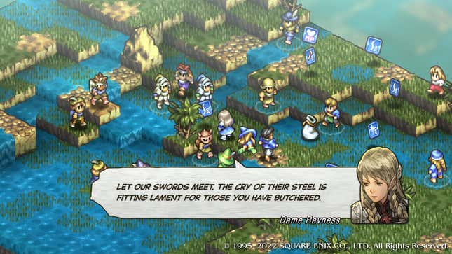 A Tactics Ogre battlefield is littered with tarot cards and cool dialogue.