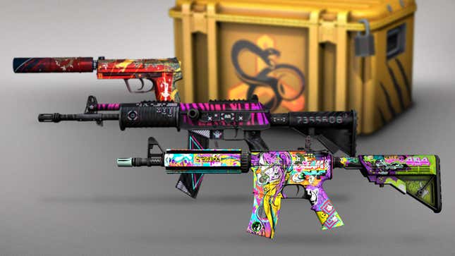 Promotional art for CS:GO shows various guns with stylized skins.