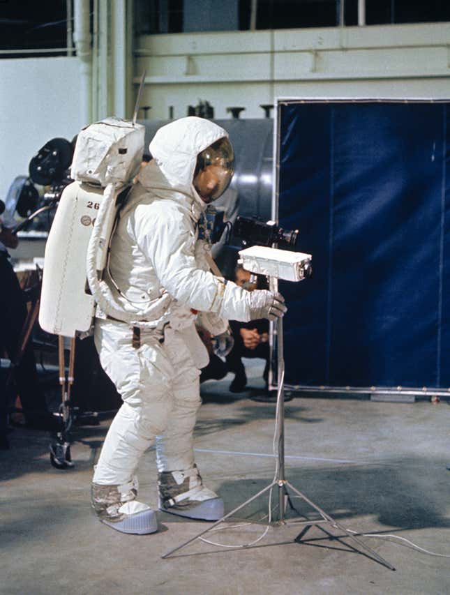 Neil Armstrong practices using a video camera during a lunar surface simulation at the Manned Spacecraft Center in Houston in April of 1969, three months before he would actually walk on the Moon