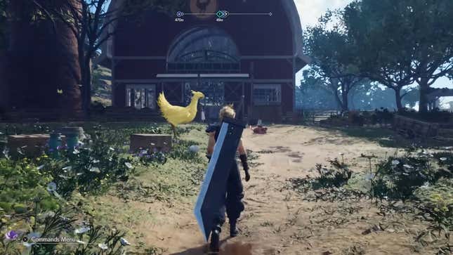 A screenshot shows Cloud walking toward a Chocobo. 