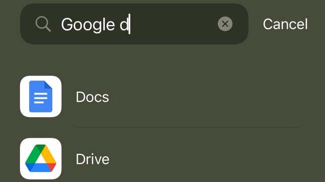 A screenshot of an app search on iOS displaying Google Drive