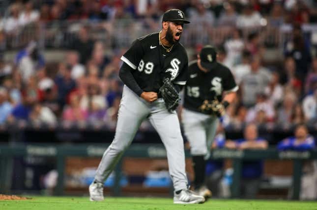 Jul 15, 2023; Atlanta, Georgia, USA; Chicago White Sox relief pitcher Keynan Middleton (99) reacts after an out against the Atlanta Braves in the eighth inning at Truist Park.