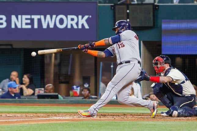 June 30, 2023;  Arlington, Texas, USA;  Houston Astros catcher Martin Maldonado (15) strikes out during the third inning against the Texas Rangers at Globe Life Field.