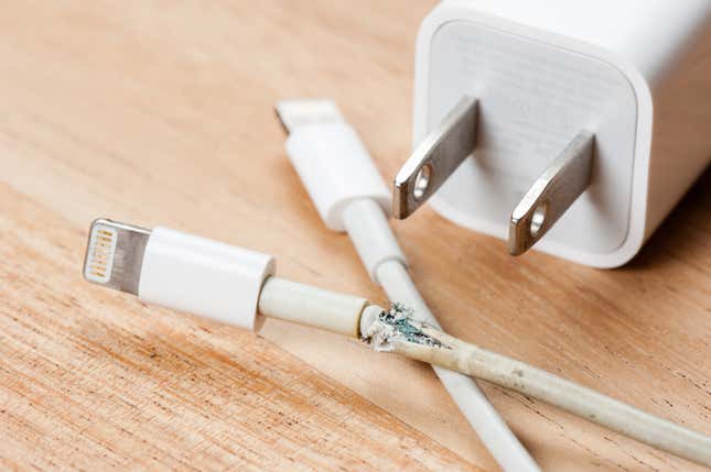 A frayed Apple Lightning cable
