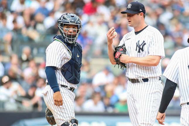Apr 22, 2023; Bronx, New York, USA;  New York Yankees catcher Jose Trevino (39) and pitcher Gerrit Cole (45) at Yankee Stadium.