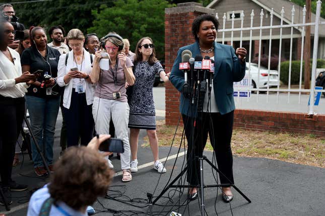 Democratic gubernatorial candidate Stacey Abrams speaks to the media during a press conference at the Israel Baptist Church as voters head to the polls during the Georgia primary on May 24, 2022, in Atlanta, Georgia.