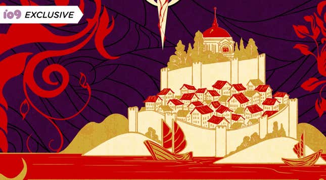 An illustration of a walled city with a walled, domed building at its center, rendered in cream, gold, red, and purple.