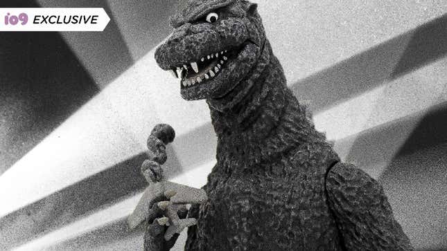 Mondo's figure of a toothy Godzilla, clutching an airplane, as he looked in 1954.