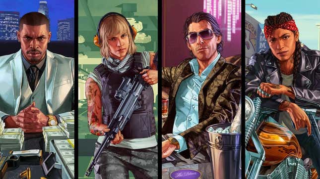 A series of stills shows four GTA V characters preparing to do crimes. 