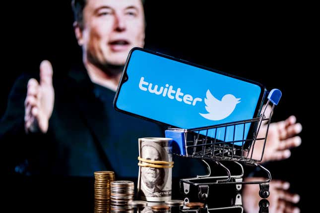 twitter logo on phone, Elon Musk, and money pile