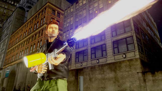 An image of GTA III protagonist Claude Speed, with a flamethrower in tow, burning everything in sight.