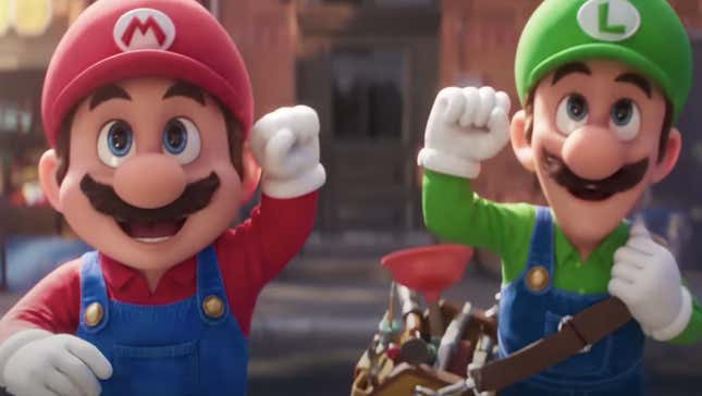 Mario and Luigi fist bump in a scene from The Super Mario Bros. Movie