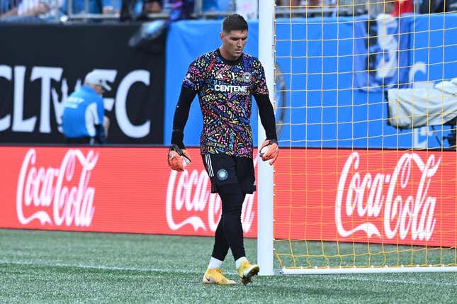 Sep 16, 2023; Charlotte, North Carolina, USA; Charlotte FC goalkeeper Kristijan Kahlina (1) walks in front of the goal before the match against D.C. United at Bank of America Stadium.