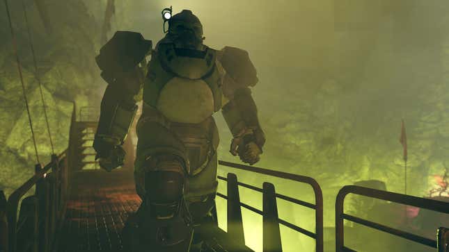 An armored player character walks through nuclear waste.