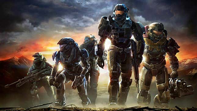 Noble Team from Halo Reach, together, walking towards the camera while holding guns. 