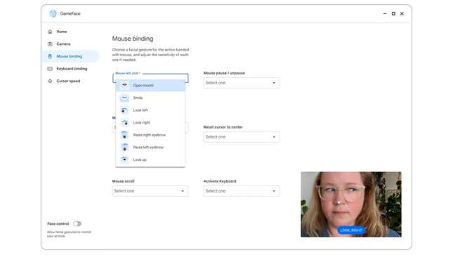 A screenshot of the Project GameFace software interface showing what gestures can be detected and what they can be used to trigger.