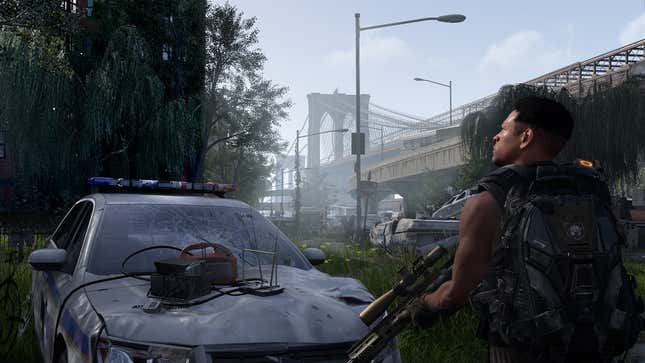 A man with a rifle looks out at a post-apocalyptic New York City.