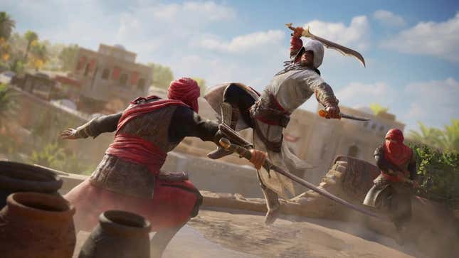 A man in a white robe and hood jumps into the air to attack someone with a sword.