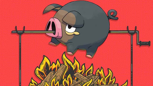 The Pokémon Lechunk, a round, black pig with a giant pink snout, roasts on a spit.