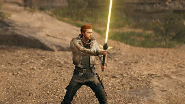 Cal Kestis wielding a custom, yellow-bladed lightsaber in Jedi: Survivor. 