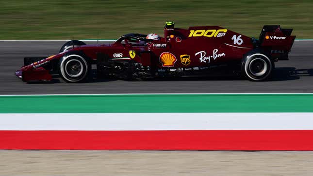 A photo of the 2020 Ferrari F1 car in a special dark red livery to mark the team's 1000th race.