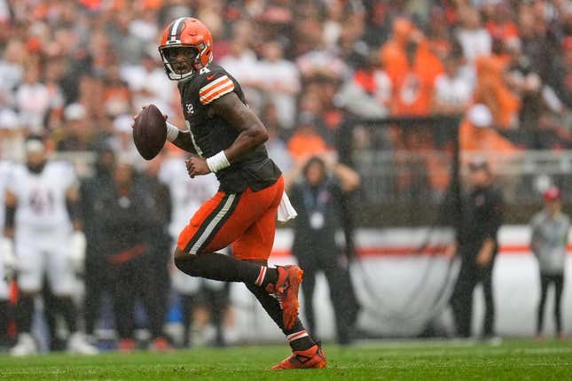 Cleveland Browns quarterback Deshaun Watson (4) scrambles in the first quarter of the NFL Week 1 game between the Cleveland Browns and the Cincinnati Bengals at FirstEnergy Stadium in downtown Cleveland on Sunday, Sept. 10, 2023. The Browns led 10-0 at halftime.