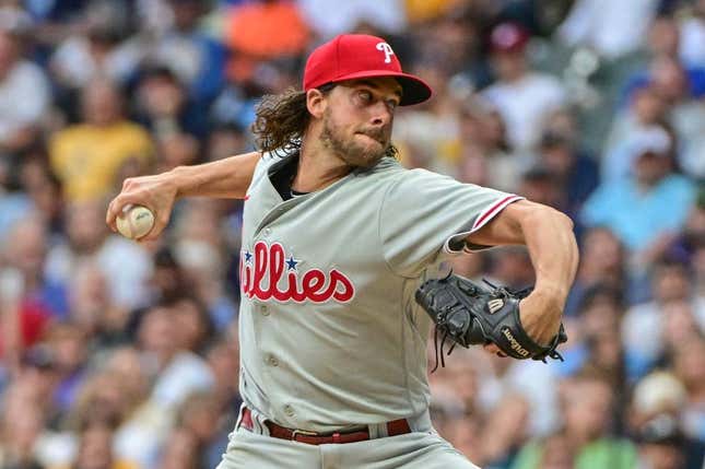 Sep 2, 2023; Milwaukee, Wisconsin, USA;  Philadelphia Phillies pitcher Aaron Nola (27) pitches in the first inning against the Milwaukee Brewers at American Family Field.