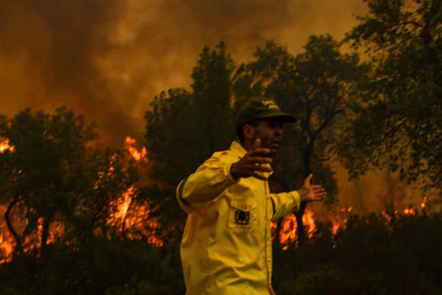 A firefighter battles a blaze in Larache, northern Morocco, Friday, July 15, 2022. 