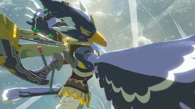 Revali, Breath of the Wild's bird-man champion looks back at the camera as he takes flight.