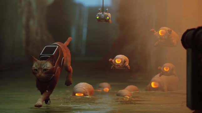 An orange cat runs away from a large group of weird and small alien-like bugs. 