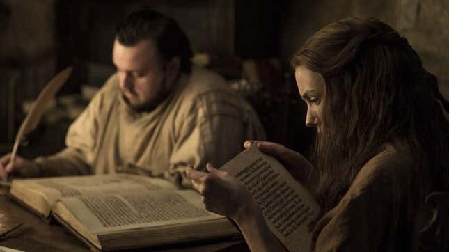 Samwell (John Bradley) and Gilly (Hannah Murray) brush up on their world history on Game of Thrones.