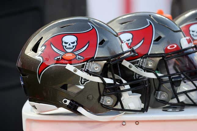 Jan 9, 2022; Tampa, Florida, USA; A detail view of Tampa Bay Buccaneers helmets against the Carolina Panthers during the first half at Raymond James Stadium.