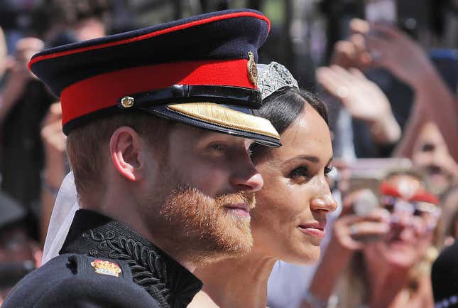Britain’s Prince Harry, Duke of Sussex and his wife Meghan, Duchess of Sussex in Windsor on May 19, 2018, after their wedding ceremony.