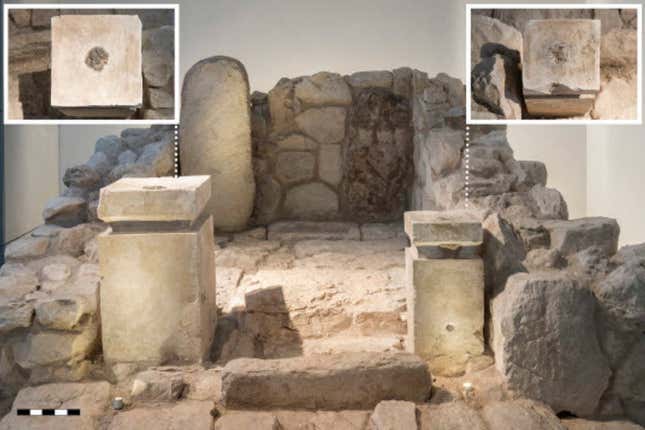 Two limestone altars found at Tel Arad in Israel, with insets showing residue piles containing traces of cannabis (right) and frankincense (left). 