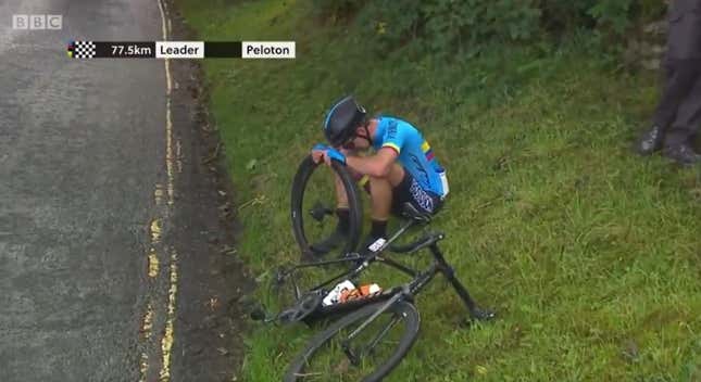 Image for article titled Cyclist Breaks Down After Having The Worst Luck Imaginable During Race